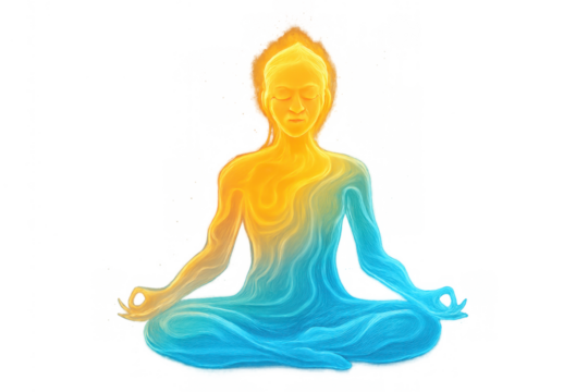 Person meditating in lotus pose with energy aura creating a balance between fire and water elements