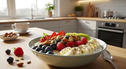 Healthy Breakfast Bowl with Fresh Fruits and Nuts in a Modern Kitchen