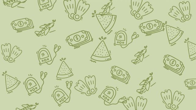 Summer icons of money, swim fins, watermelon, and planes suitable for summer themed designs, travel blogs, financial articles, and seasonal promotions.

