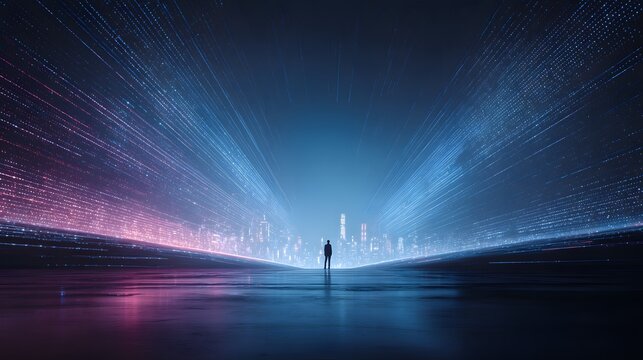 Lone figure standing in a futuristic neon city with abstract light trails.