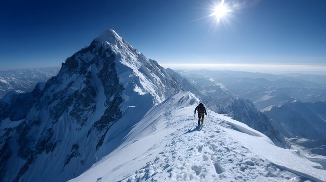 Lone mountaineer trekking on a snowy ridge towards a majestic peak under a clear blue sky.