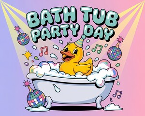 Cute rubber duck in a bubble bath celebrating bath tub party day