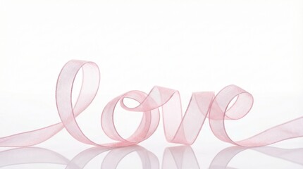 The word love spelled with a pink ribbon isolated on a white background with copy space.