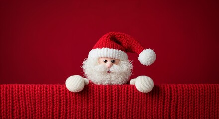 Knitted Santa Claus toy figure peeking over red fabric on a red background.
