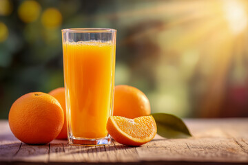 Freshly squeezed orange juice in a clear glass surrounded by ripe oranges on wooden table with warm sunlight and blurred natural background for healthy refreshment