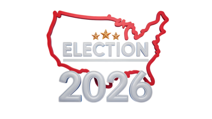 United states election year 2026 with the word election and three stars inside the continental map isolated on transparent background