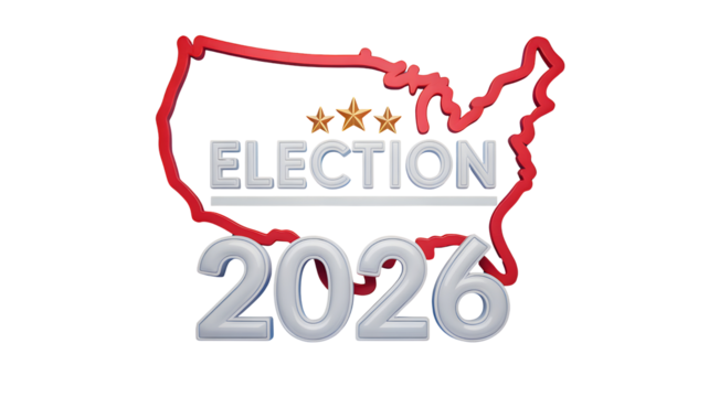 United states election year 2026 with the word election and three stars inside the continental map isolated on transparent background