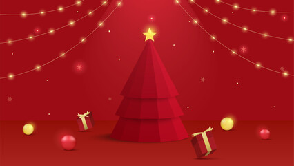 New Year background or Merry christmas banner with christmas tree and decoration balls on red background. Festive holiday illustration. perfect for greeting card and seasonal promotion