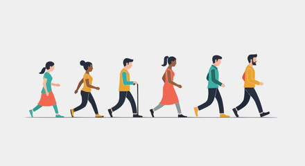 Diverse group of people walking together in a line representing unity and progress.