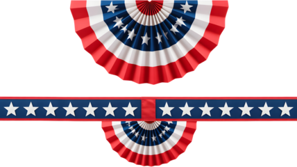 Festive red white and blue american patriotic bunting and star garland decoration isolated on transparent background