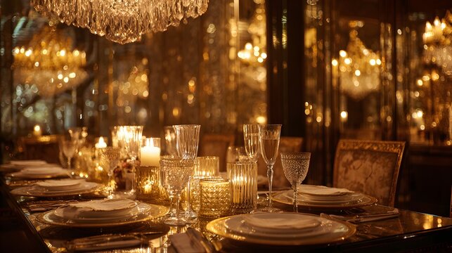 Luxurious formal dinner table setting with warm ambient candlelight and chandeliers.