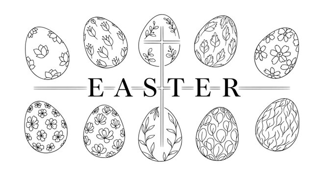 Hand drawn doodle style Easter eggs vector set with lettering "EASTER" and various floral, abstract, and nature-inspired patterns. Great for coloring pages, greeting cards, banners, and holiday design