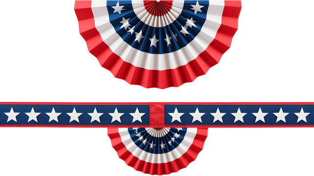 Festive red white and blue american patriotic bunting and star garland decoration isolated on transparent background