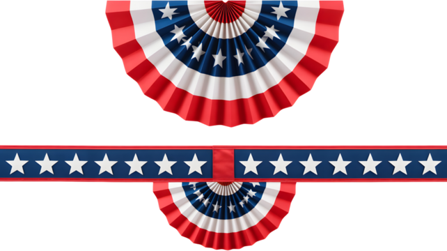 Festive red white and blue american patriotic bunting and star garland decoration isolated on transparent background
