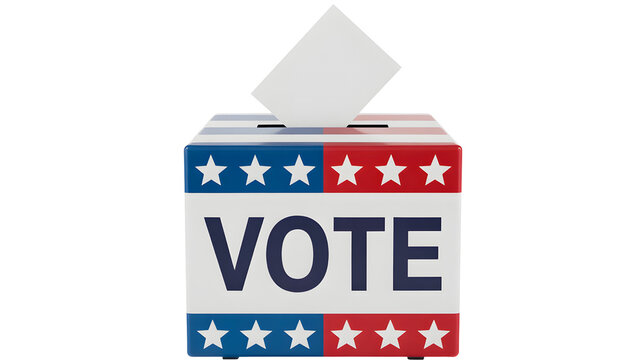 American election voting ballot box with the word vote prominently displayed and a ballot being inserted isolated on transparent background