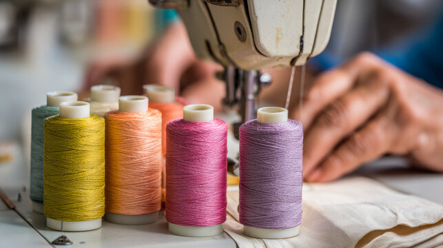Colorful spools of thread lined up near a sewing machine with hands working on fabric in a vibrant textile crafting environment - Powered by Adobe