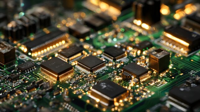 Macro photograph of a green computer circuit board with glowing microchips and electronic components.