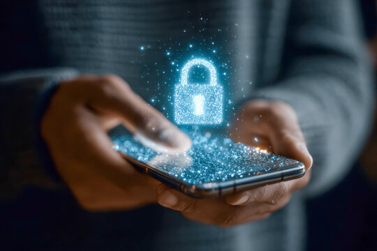 Person holding smartphone displaying digital glowing lock symbol representing data security and mobile privacy protection in dark environment