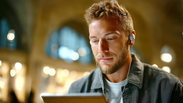 Man with headphones and tablet at museum, audio guide tour, art gallery interior, cultured mood, with copy space