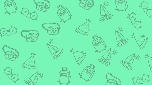 Perfect for travel blogs, vacation websites, or travel agencies. A vibrant mint background with assorted travel items arranged in a pattern.