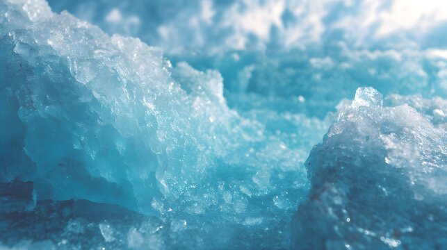 Macro view of brilliant blue ice crystals sparkling in the light.