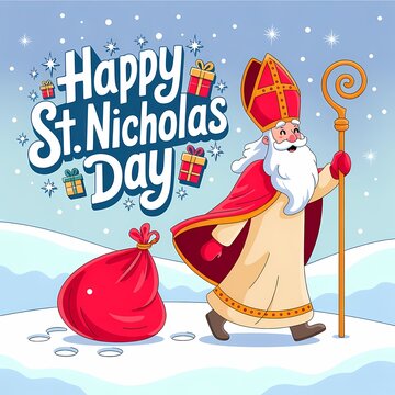 Happy st nicholas day celebration with saint nicholas and gifts in snow