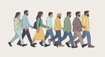 Group of diverse people walking together in a line, side view.