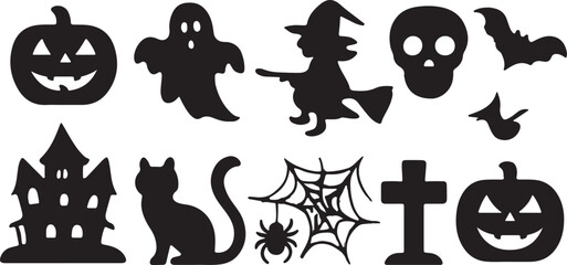 Halloween icons set with pumpkin ghost bat cat and spooky symbols vector illustration