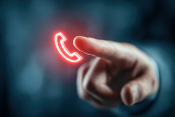 Person interacting with a glowing red phone icon symbolizing communication and technology in a modern digital environment with blurred background effects