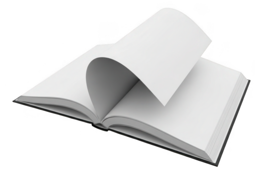 Open book with blank pages isolated on transparent background for design and writing