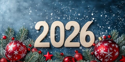 Sparkling Snowflakes and Wooden Numbers 2026 with Red Ornaments and Evergreen Branches for New Year