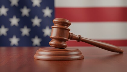 Gavel resting on a wooden desk, symbolizing the american legal system, justice, law, and government with the united states flag visible in the blurred background