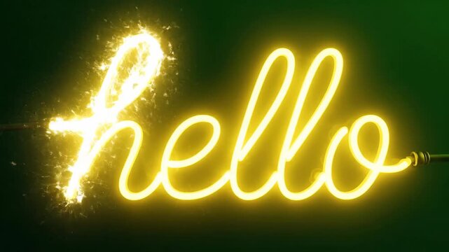 Illuminated cursive "hello" made of bright yellow neon against a green backdrop. Sparks are present around the word