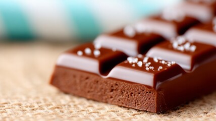 Glossy chocolate bar with sugar crystals, macro closeup