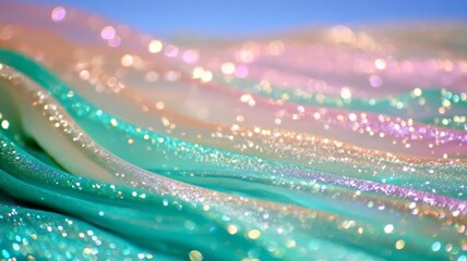 Shimmering pastel fabric with glitter highlights in soft mint and peach tones, dreamy sparkle texture