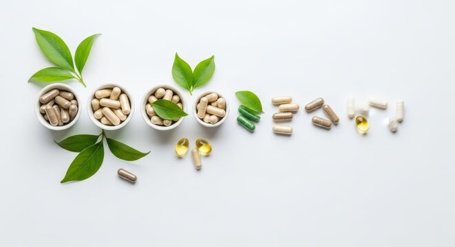 Assorted natural health supplements and herbal pills with green leaves. Alternative medicine and holistic healing concept for wellness.