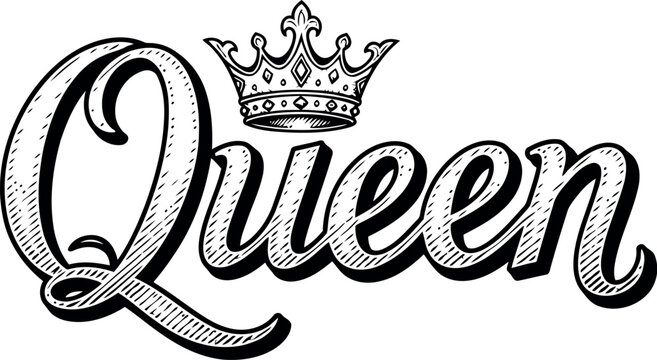 Elegant queen text with a regal crown illustration in black and white
