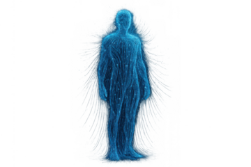 Human energy body glowing with blue aura on a transparent background, representing spiritual and physical wellbeing