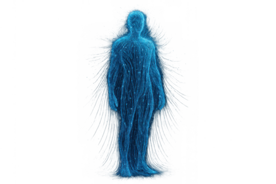 Human energy body glowing with blue aura on a transparent background, representing spiritual and physical wellbeing