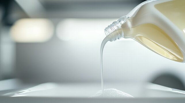 Pouring White Liquid Soap into a Laundry Dispenser for an Effective Washing Machine Cycle Today.