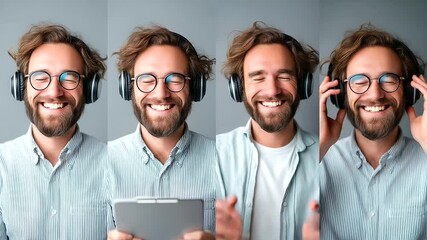 Portrait collage scene same man in headphones in four moods (workout, commute, relax, study), seamless montage, modern lifestyle concept, with copy space