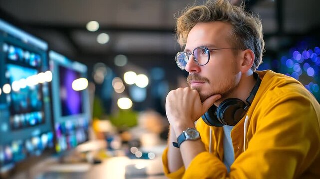 Photographer man in headphones editing photos on desktop, color-grading panels, studio desk flatlay, with copy space