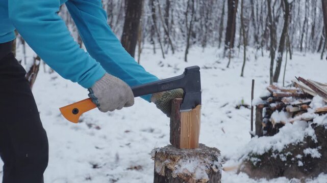 Chopping pine logs with an axe in a snowy winter forest for bushcraft skills