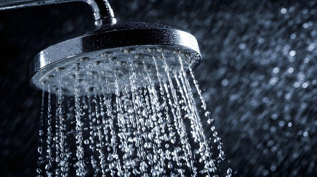 Modern chrome shower head spraying water in a dark bathroom.