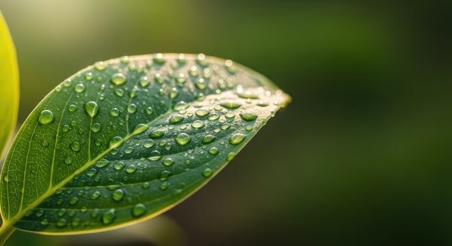 Close up of a fresh green leaf covered in brilliant water droplets. Natures beauty after rain. Organic plant life for eco friendly concept.