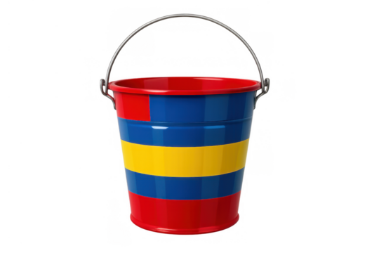 Metal bucket displaying red, blue, and yellow stripes, featuring a handle, seen on a transparent background, vibrant color object - Powered by Adobe