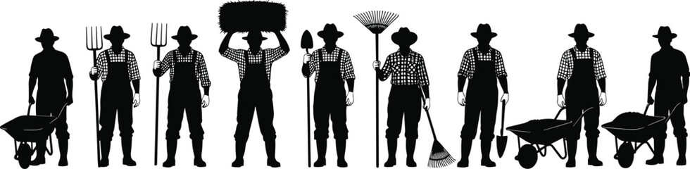 Farmer silhouettes set, agriculture workers vector, men with tools, pitchfork shovel rake wheelbarrow, rural farming collection, gardening people illustration, black isolated figures, harvest season. © It's Majed Here