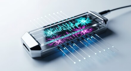 Medical device displaying neural activity and brain waves. Futuristic concept for neuroscience research and brain-computer interface. Innovative medicine.