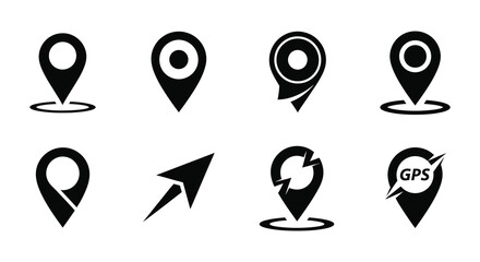 Collection of various black location pin and map marker icons displayed together