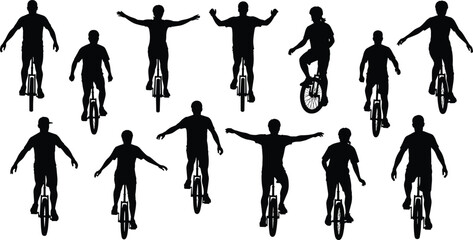 Man riding unicycle silhouettes set, circus performer vector, balancing act, one wheel bike, male rider figures, extreme sport collection, black isolated illustration, fun activity. © It's Majed Here